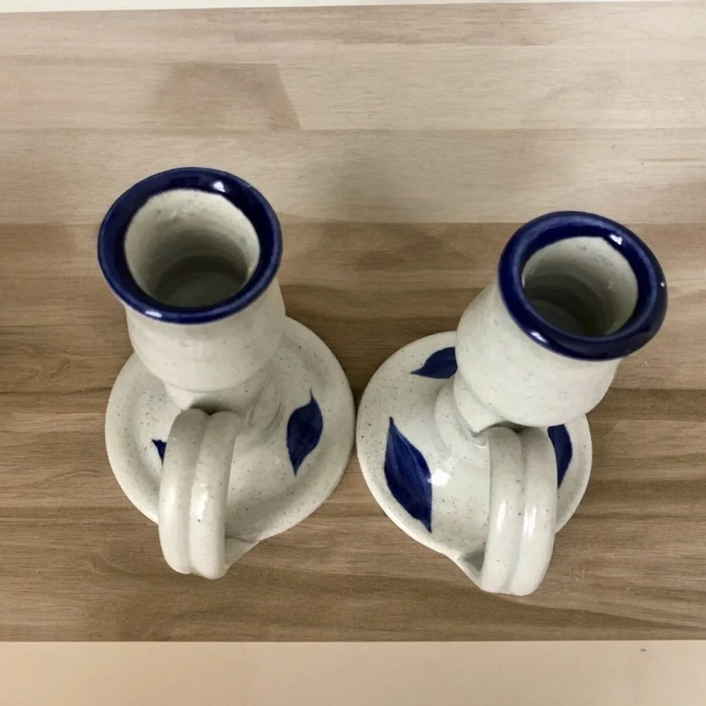 Williamsburg Pottery Salt Glaze Set of 2 Flat Candle Holders Beige Blue